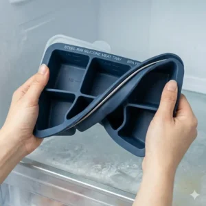 Illustration 2: Close-up of a BPA-free silicone freezer tray for meat showing its flexibility and reinforced steel rim.