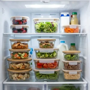 Neatly stacked borosilicate glass storage containers inside a refrigerator showcasing space-saving food prep organization.