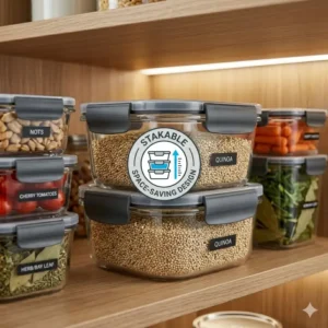 Space-saving stackable chef containers neatly organized inside a modern kitchen pantry.