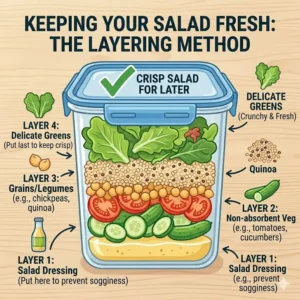 Instructional guide on how to layer salad ingredients in a prep meal lunch box.