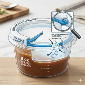 A cross-section illustration highlighting the airtight, leak-proof silicone seal on an 8 oz freezer container lid.