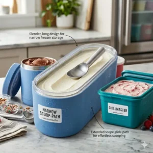 An elongated freezer safe container for ice cream designed for easy scooping and narrow freezer shelf storage.
