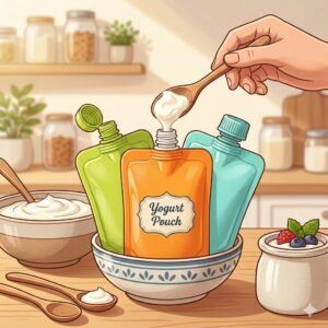 Colorful reusable silicone squeeze pouches, a fun and practical selection for the best container for yogurt snacks for children.
