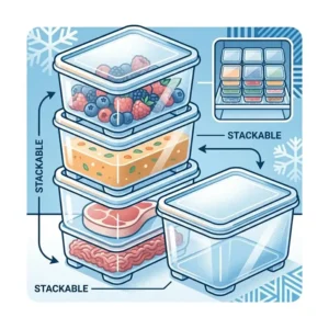 An illustration of modular stackable freezer plastic bins designed to maximize vertical storage space.