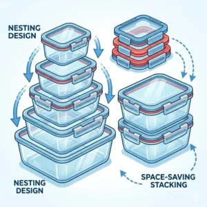 Illustration demonstrating the space-saving nesting and stacking design of rectangular glass food containers.