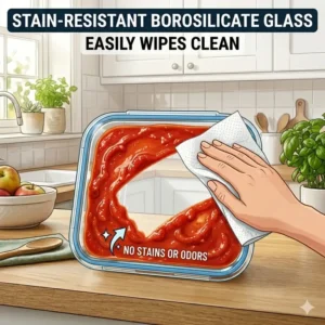 A visual demonstration of how tomato sauce wipes clean from stain-resistant borosilicate food containers.