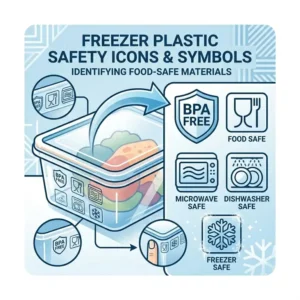 Graphic showing food-safe symbols found on freezer plastic, including BPA-free and snowflake icons.
