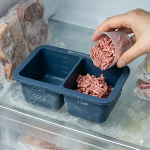 Illustration 4: Interior view of a meat freezer tray showing embossed measurement markings for precise half-cup and full-cup portions.