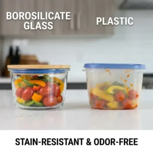 A side-by-side comparison illustrating the stain-resistant and odor-free benefits of borosilicate glass storage versus traditional plastic.