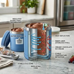 Diagram of a double-walled insulated container that keeps ice cream at the perfect consistency.
