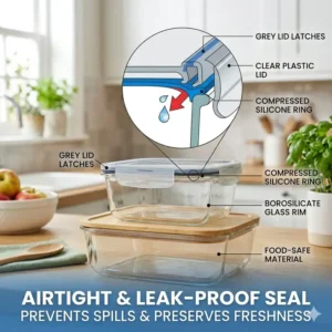 Detailed view of the airtight and leak-proof silicone seal used in borosilicate food containers.