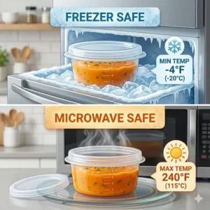 An infographic-style illustration showing 8 oz freezer containers moving safely from freezer temperatures to microwave heat.