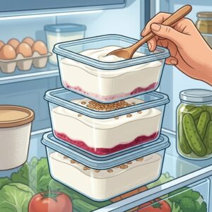 A set of stackable, BPA-free plastic containers being organized in a refrigerator to show the best container for yogurt for meal prep.