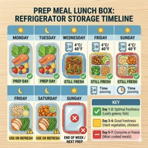 A detailed refrigerator storage timeline for a standard prep meal lunch box.