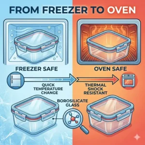 Graphic showing the thermal shock resistance of rectangular glass food containers moving from freezer to oven.