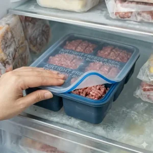 Illustration 5: A clear, airtight lid being snapped onto a freezer tray for meat to prevent freezer burn and odors.