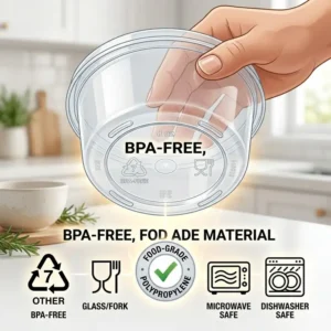An illustration featuring the BPA-free and food-grade material symbols on the bottom of an 8 oz freezer container.
