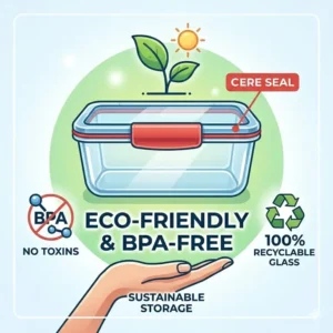 An eco-friendly concept illustration highlighting that these rectangular glass food containers are BPA-free and sustainable.