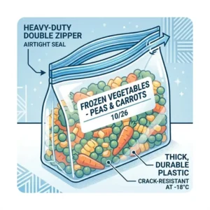 Illustration of a thick, double-zipper freezer plastic bag filled with frozen vegetables.