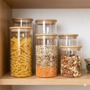 Transparent borosilicate glass storage canisters filled with pasta, grains, and nuts for an organized kitchen pantry.