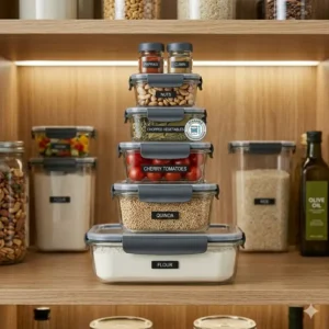 An assortment of different sized chef containers for storing everything from spices to bulk dry goods.