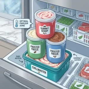 Three stackable freezer safe containers for ice cream saving space in a kitchen freezer.
