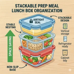 Demonstration of stackable and space-saving features of a prep meal lunch box.