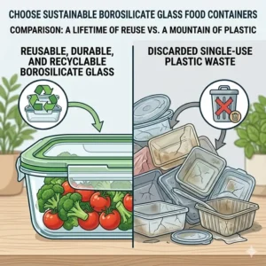 Comparison showing the eco-friendly benefits of using borosilicate food containers over plastic.