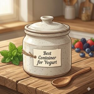 An artisanal ceramic crock with a beautiful wooden lid, illustrating a stylish and eco-friendly option for the best container for yogurt.