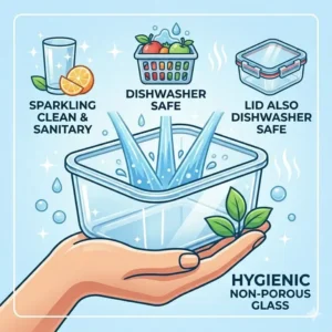 A clear illustration of rectangular glass food containers being washed safely in a modern dishwasher.
