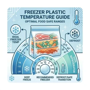 Informational graphic showing the safe temperature range for freezer plastic from deep freeze to defrosting.