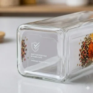 Graphic highlighting the thick, shatter-resistant walls of high-quality borosilicate glass storage for long-term kitchen use.