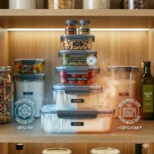 Versatile chef containers being used for both freezer storage and microwave heating.