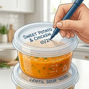 An illustration of a hand writing the date and contents on the lid of an 8 oz freezer container for organized meal planning.