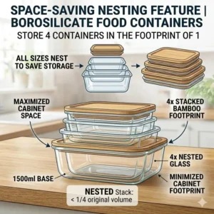 Illustration of space-saving nesting features found in different sized borosilicate food containers.