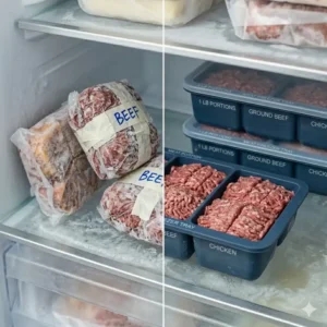 Illustration 6: Comparison of messy plastic-wrapped meat versus neat cubes stored in dedicated freezer trays for meat.
