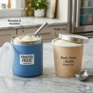 Eco-friendly reusable freezer safe containers for ice cream versus disposable paper cartons.