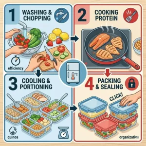 Step-by-step workflow for efficiently filling your prep meal lunch box for the week.