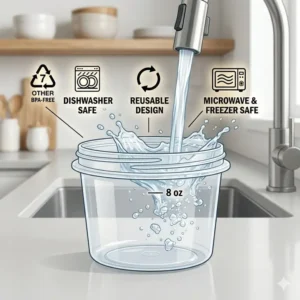 A stylized illustration showing 8 oz freezer containers being washed in a dishwasher, emphasizing reusability and durability.