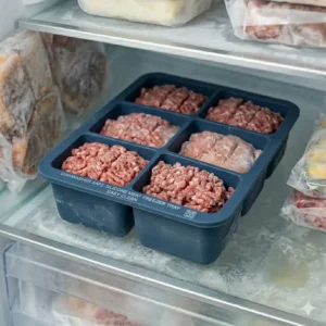 Illustration 7: An empty silicone freezer tray for meat being placed in the top rack of a dishwasher for easy cleaning.