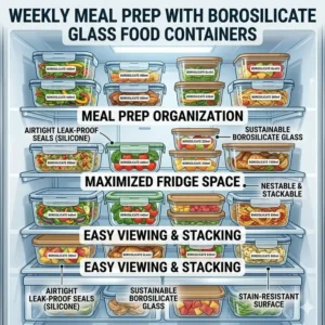 A well-organized refrigerator filled with meal-prepped borosilicate food containers.