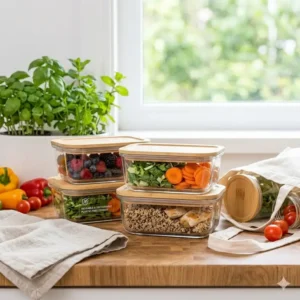 Sustainable kitchen setup featuring reusable borosilicate glass storage containers as a plastic-free alternative for meal prepping.
