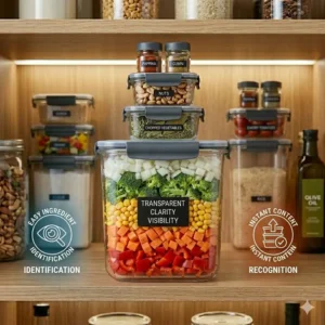 Clear transparent chef containers allowing for easy identification of stored kitchen ingredients.