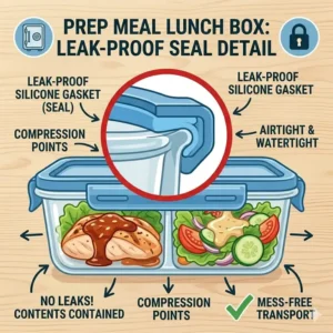 Close-up view of the airtight and leak-proof silicone seal on a prep meal lunch box.