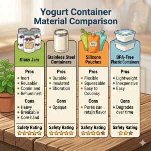 A comprehensive material comparison chart evaluating glass, stainless steel, silicone, and plastic to determine the best container for yogurt.