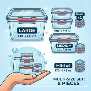 A size guide layout displaying a complete set of different sized rectangular glass food containers with volume labels.