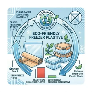 Illustration of eco-friendly, reusable freezer plastic wraps and bags as a sustainable kitchen solution.
