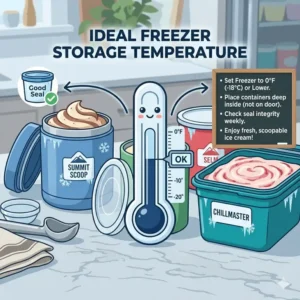 Illustration of the ideal temperature settings for storing freezer safe containers for ice cream to avoid ice crystals.