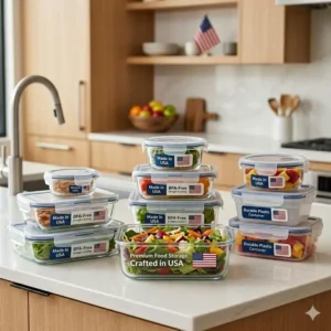 Durable borosilicate glass food containers made in usa with airtight locking lids.