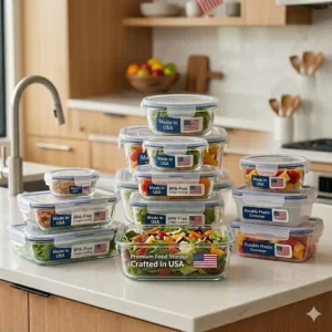 Close-up of non-toxic, BPA-free plastic food containers made in usa for safe storage.